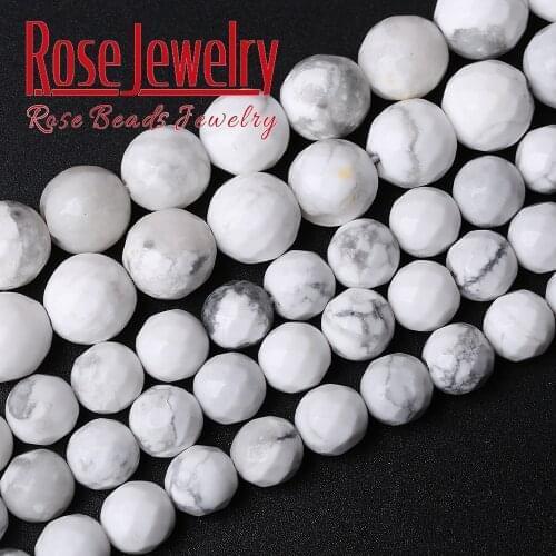 Natural Stone Faceted White Howlite Turquoises Round Loose Beads 15" Strand 4 6 8 10 12 MM For Jewelry Making DIY Bracelet