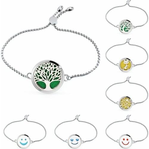 Tree of life Smiling face Essential Oil Diffuser Locket Perfume Bracelet Adjustable Stainless Steel 30mm locket Bracelet 10pads