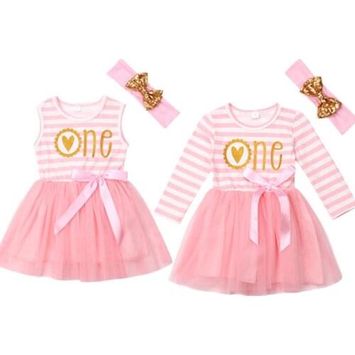 Cute Newborn Baby Girls One Birthday Party Pretty Dress Headband 2PCS Striped Lace Patchwork Knee-Length Tutu Dress