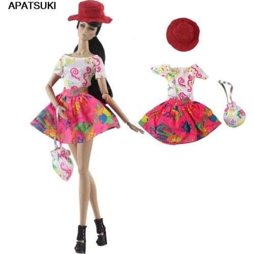 Pink Cartoon Fashion Doll Clothes For Barbie Doll Top Shirt Skirt Hat Bag Outfits For Barbie Dollhouse 1/6 Dolls Accessories Toy