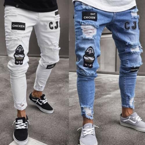 Men Ripped Jeans Super Skinny Fit Zipper Denim Pant Destroyed Frayed Trousers Cartoon Gothic Style Pant Men Clothes