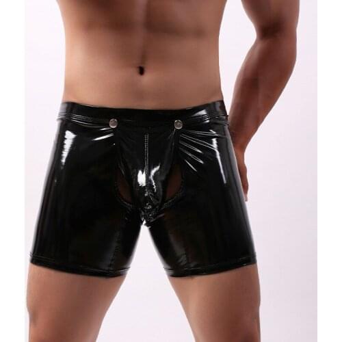 Men Sexy Open Crotch Boxers Faux Leather U Convex Pouch Gay Wear Plus Size Jockstrap Fetish Erotic lingerie