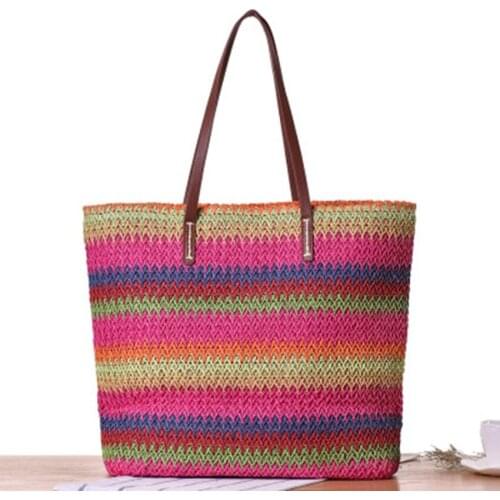 The new rainbow hit the color stripes shoulder straw bag college wind travel vacation beach leisure bag handbags