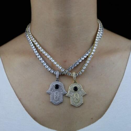 Bling Iced Out CZ Hamsa Hand Baguette Pendants Necklaces For Men Women Rapper hip hop Jewelry With Solid Back Charm Pendants