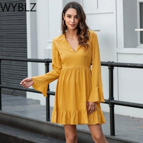 WYBLZ Deep V Neck Summer Dress Women Flare Sleeve Ruffles Sexy Slim Boho Beach Dresses Holiday Solid A-line Pareos