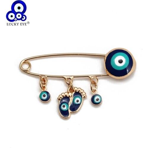 Lucky Eye Feet Charm Blue Turkish Evil Eye Brooch Pin Copper Gold Color Brooch Clothes Clips for Women Girls Men Jewelry BE274