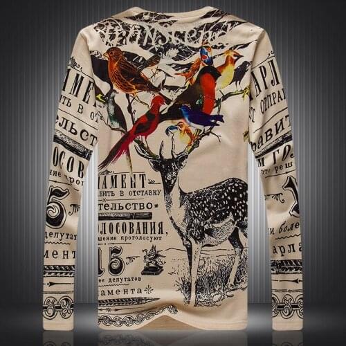 Birds deer letters pattern digital printing fashion long sleeve t shirt Autumn 2018 New quality luxury boutique t shirt menM-3XL