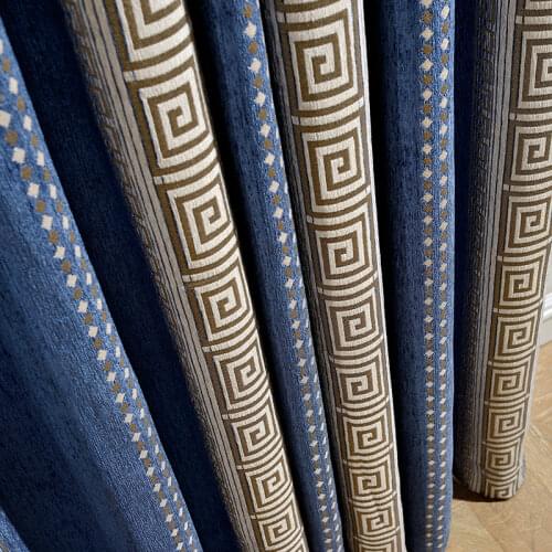 Luxury European Blackout Curtains For Living Room Blue Brown Thick Heavy Chenille Strip Geometric Villa Window Drapes js324D
