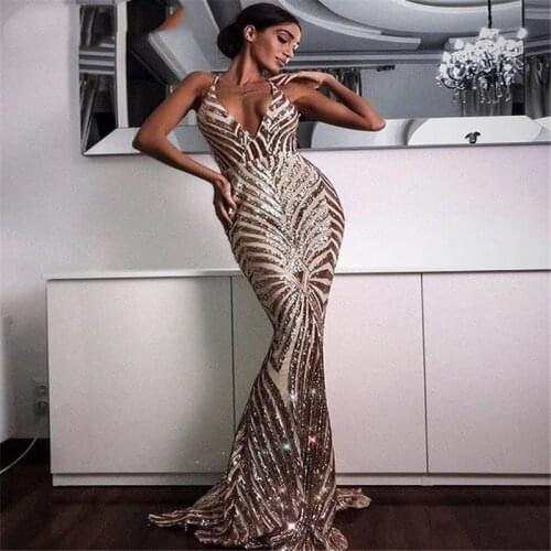 Sexy Rose Gold Sequin Backless Prom Dresses Mermaid Long Spaghetti Straps Black Maxi Women Formal Evening Party Dress Chea