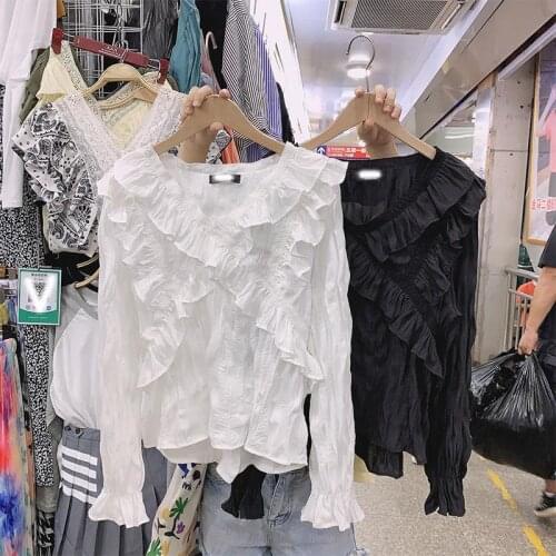Chiffon Shirt V-neck Cross Pleated Ruffled Long-Sleeved Shirt Womens Blouse Blusas Ropa De Mujer