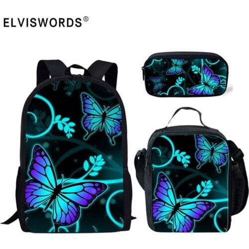ELVISWORDS School Bags for Girls Beautyful Butterfly Animal Printing 3Pcs/set Kids Backpack Women Shoulder Bags Mochila Escolar