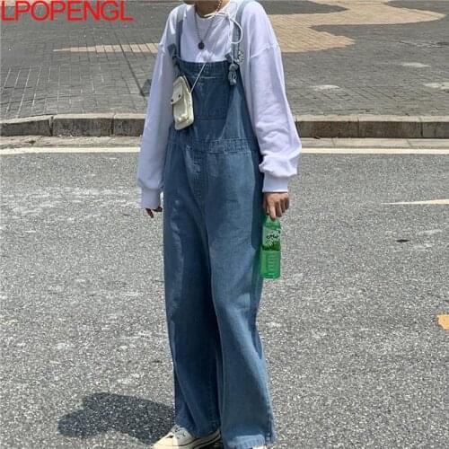 Blue High-waist Denim Jumpsuit Fashion Loose Wide-leg Women Big Pockets Korean Style Retro Nine-point Pants 2021 New Autumn Y2k