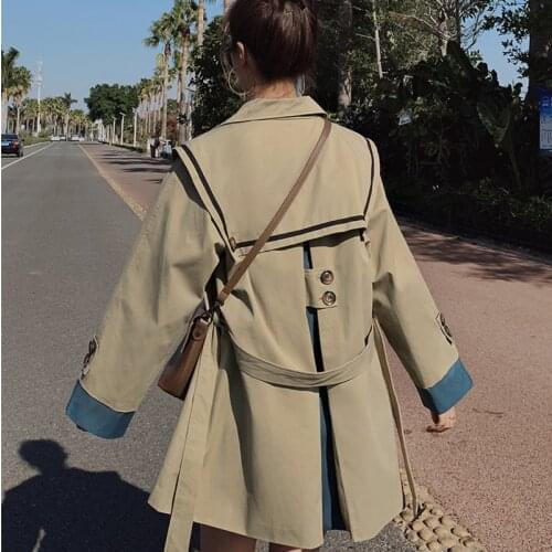 Navy Collar Windbreaker Jacket Womens British Style Mid-length 2021 Autumn Korean Style Loose Khaki Waist Trench Coat For Women