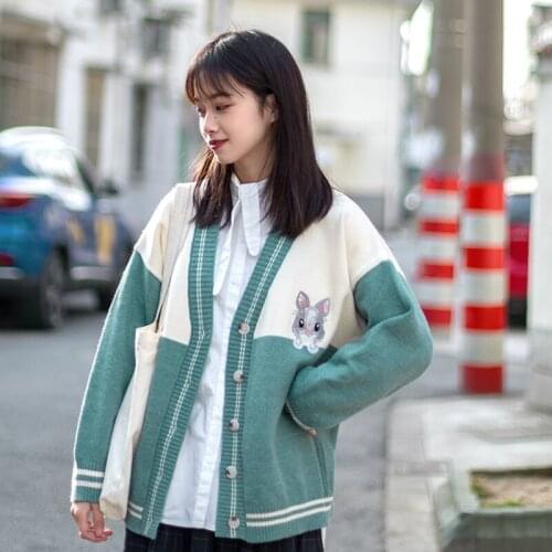 Cartoon Rabbit Jacquard Knit Harajuku Women Cardigan 2021 Winter Sweet Style V-neck Korean Female Kawaii Cute Jumpers Soft Tops