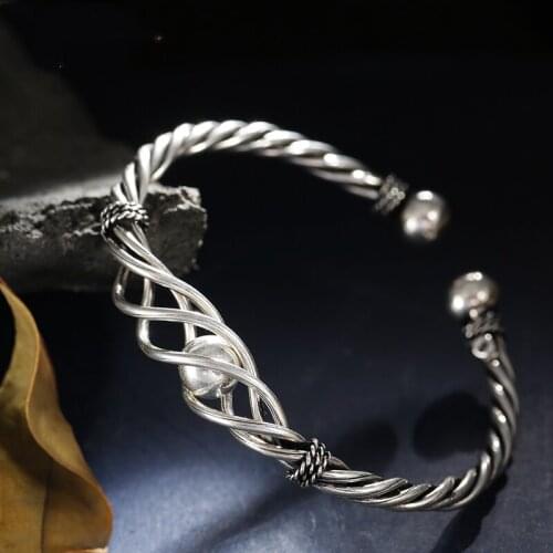 925 Sterling Silver Unique Handmade Silver Bracelet Simple Temperament Ball-twist Braided Opening Adjustable Womens Bracelet