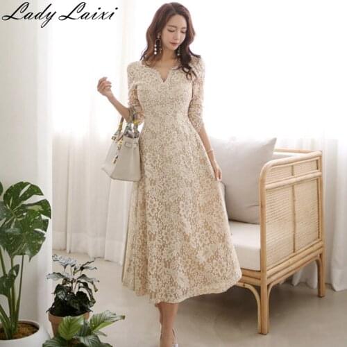 Autumn Womens Elegant Sexy Crochet Hollow Out Lace dress Party Evening Special Occasion A-line Midi Long work Vestidos