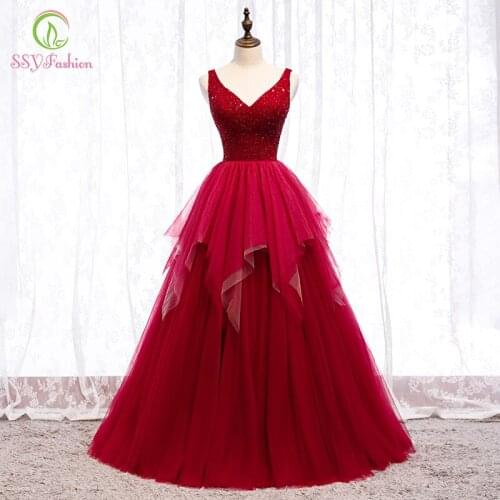 SSYFashion New Banquet Elegant Burgundy Long Evening Dress Backless V-neck Floor-length Crystal Beading Luxury Prom Formal Gowns