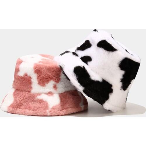 Winter Cow Print Plush Bucket Hats for Women Tourism Outdoor Warm Hat Soft Velvet Fisherman Cap Lady Fashion Panama Present