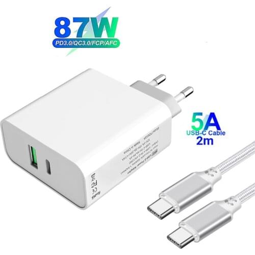 87W PD Type-C Fast Charging Adapter 2 Port Quick Travel Charger For MacBook Pro/Air Lenovo Dell Surface Pro Nintendo Swith USB C