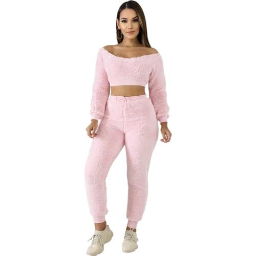 Adogirl Solid Color Warm Plush Ribbed Women Two Pieces Set Long Sleeve Off Shoulder Crop Tops High Waist Pants Sweatsuits Outfit