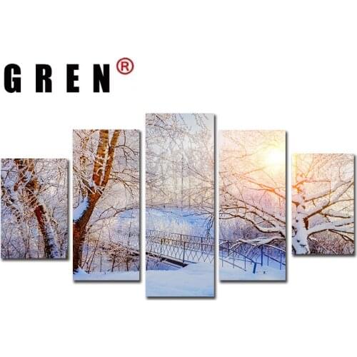 GREN 5 Panels Canvas Painting Forest Sunrise Modular HD Printed Snow Landscape Posters Home Decor Print Wall Picture Living Room