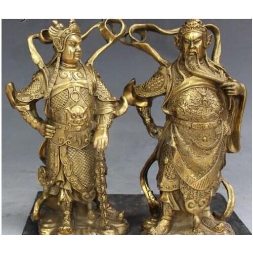 10" China Bronze Door-god Veda Wei Tuo Bodhisattva Guan Gong Yu Warrior God Pair