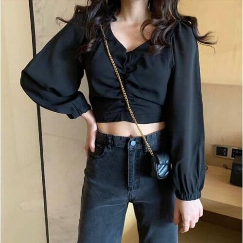 Puff sleeve Crop Top Women V neck Long sleeve Vintage Shirt Blouse Solid Color Black White Short Tee Shirts Korean Fashion 2021