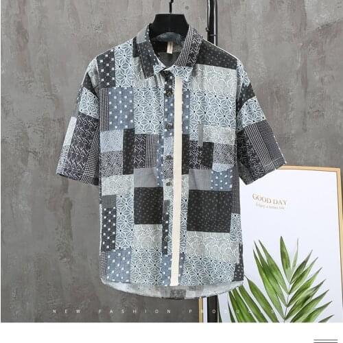 JM293 Mens Casual Shirts Summer Fashion Currents Cool Soft Breathable Thin Printing Color Match Youth Trendy Simple Linen Tops