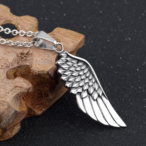 Mens Stainless Steel Feather Angel Wing Pendant Necklace Retro Necklace