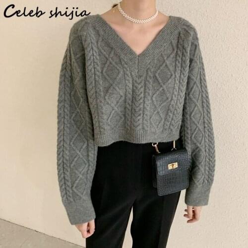 New Autumn V-neck Cropped Sweater Woman Criss-cross Gray Chic Knitted Tops Female Korean Fashion Warm Jumper Winter