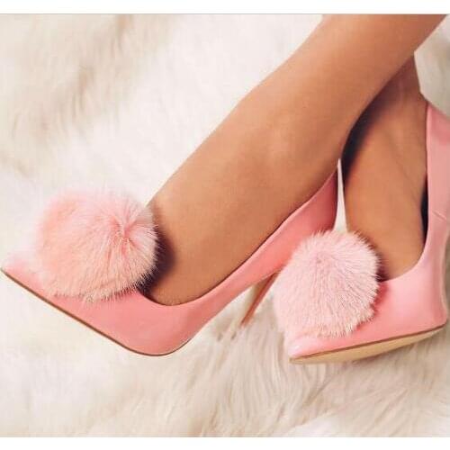 Spring New Fashion Women Suede Patent Leather Pointed Toe Fur Pom Pom Pumps Slip On Sexy Party Wedding Shoes Lady Black Pink