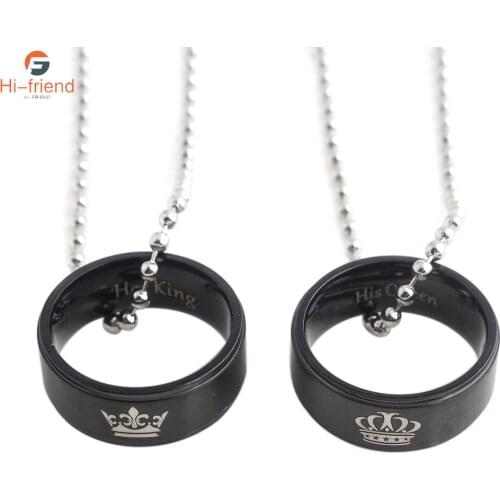 New Black Lover His Queen Her King Necklace Letter Print Round Ring Pendant Necklace for Couples Valentines Day Gift