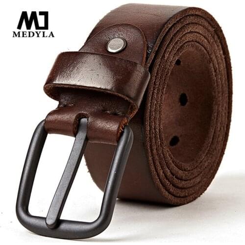 MEDYLA genuine leather belts for men Soft Natural Cowhide Mens Belt Hard Metal Metal Matt Black Buckle Real Leahter brown Belt