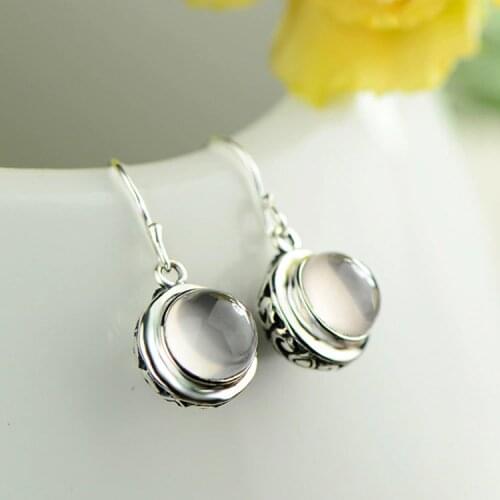 S925 silver ornament retro pattern manually set natural powder crystal earrings ladys crystal stones eardrop gift
