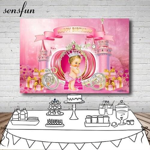Sensfun Girls Baby Shower Neborn Party Backdrops Pink Castle Carriage Gift 1st Birthday Party Photography Backgrounds Custom
