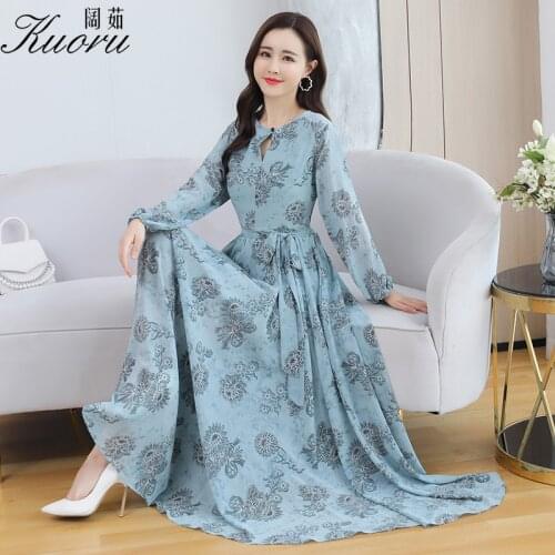 Maxi Long Sleeve Dress Chiffon Floral Robe Femme Printemps Autumn 2021 Vintage Women Dresses Blue Sukienka Tunics Vestidos