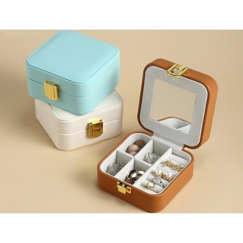 Pu with Mirror Flip Storage Box Ear Stud Necklace Jewelry Box Mini Retro Small Portable Jewelry Box Women Jewelry Organizer