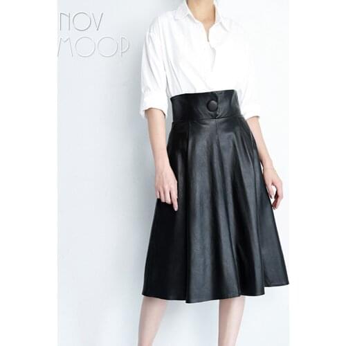 Runway vintage style brown black genuine leather real lambskin one button high waist A-Line skirt faldas mujer etek jupe LT2428