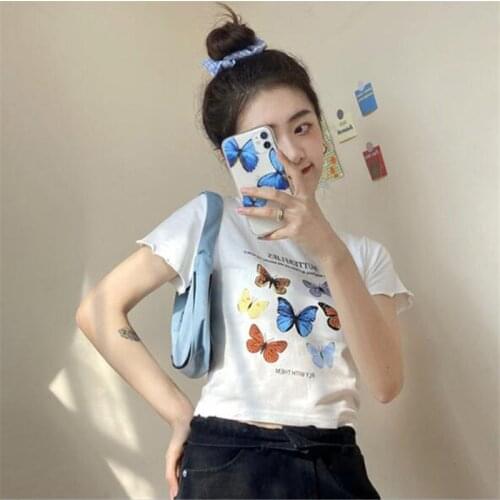 Butterfly Print Tshirt Women Spring Summer Short Sleeve Round Neck Women Tops Tees Short Length Woman T shirt