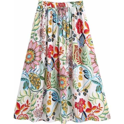 2021 New Summer Bohemia Women Vintage Casual Floral Print Skirt Female Fashion Loose Elastic Hight Waist Midi Skist