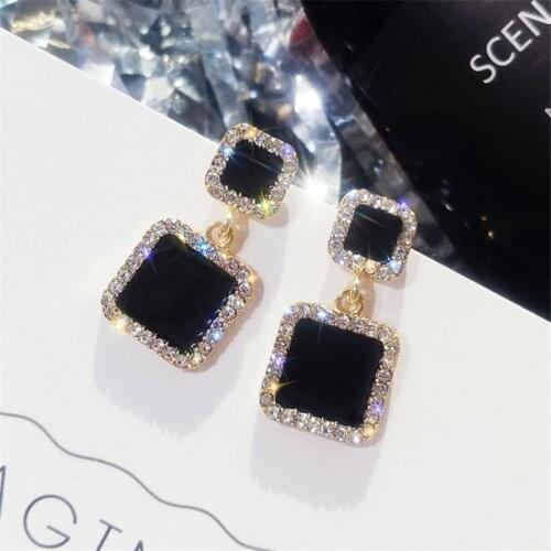 Statement Earrings Black Square Geometric Earrings For Women Crystal Luxury Wedding Rhinestone Earring Gold Color