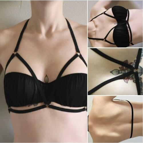 JLX.HARNESS Rave wear elastic cage bra bondage lingerie top black Cage strappy bra body harness sexy goth women underbust body h