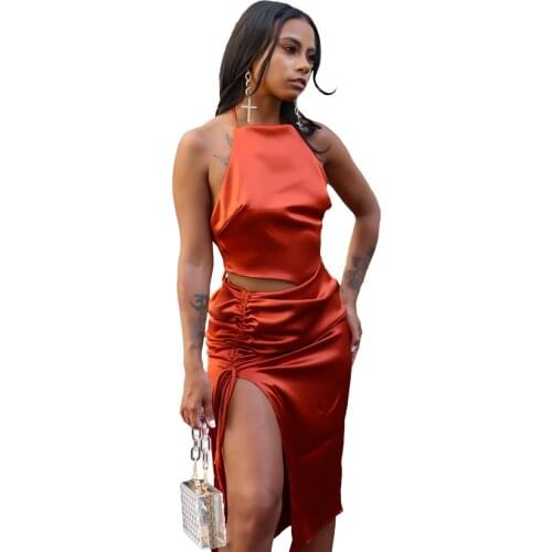 Casaul Women Skirt Two Piece Set Solid Color Crop Tank Top And Split Out Dress Solid Color Party Night Tracksuit Women Outfit
