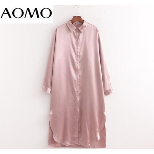 AOMO 2021 Fashion Women Solid Satin Shirt Dress New Arrival Long Sleeve Ladies Midi Dress Vestidos 1D75A