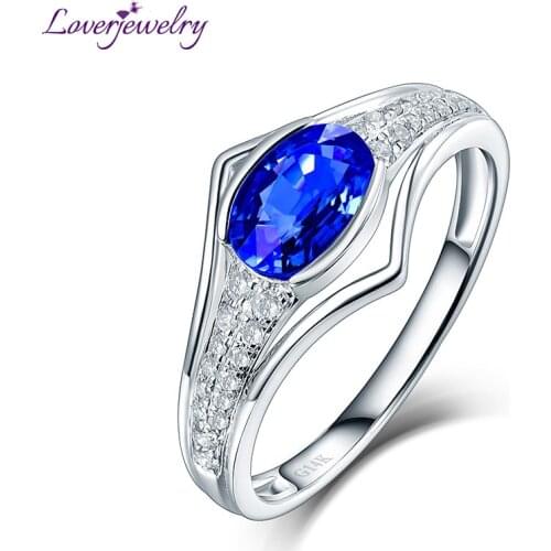 LOVERJEWELRY Sapphire Rings Women Pure 14kt White Gold Diamonds Ring For Anniversary Jewelry Oval Natural Sapphire Gemstone Ring