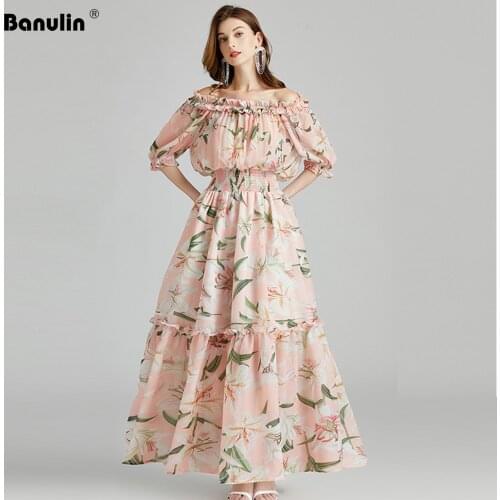 Runway Summer Vacation Dress Women Elegant Slash Neck Off Shoulder Tulip Floral Print Bohemian Lady Long Maxi Dress N7397