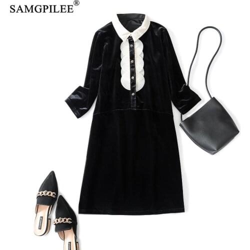 Winter Clothes For Women 2021 Casual Dress A-line Solid Three Quarter Sleeve Ruffles Turn-down Collar Autumn Dresses For Women