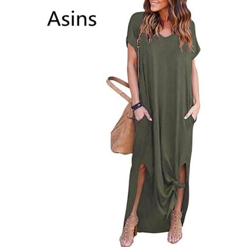 Asins summer dress 2019 new hot women casual fashion v neck short sleeve solid patchwork high waist wild slim sexy long dresses