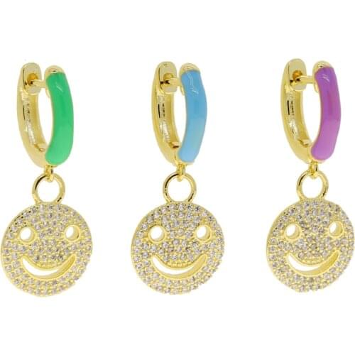Gold Color Neon Enamel Green Blue Purple Huggie Circle Micro Pave 5A CZ Happy Smile Face Charm Drop Earring