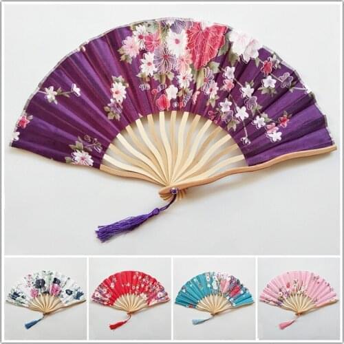 1Pc Vintage Silk Folding Fan Retro Chinese Japanese Folding Fan Tassel Dance Hand Fan Home Decoration Ornament Craft Gift
